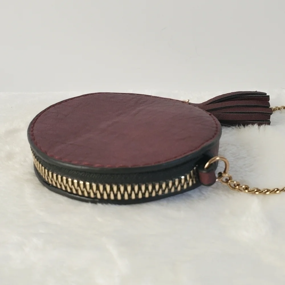 LEATHER Circular Round Shell Deep Burgundy Red Gold Chain Wristlet Purse